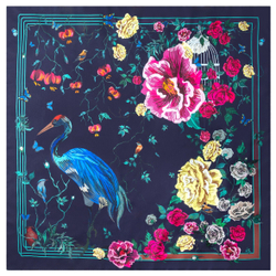 Шелковый платок 90x90 Mollen Журавль ежевично-черный