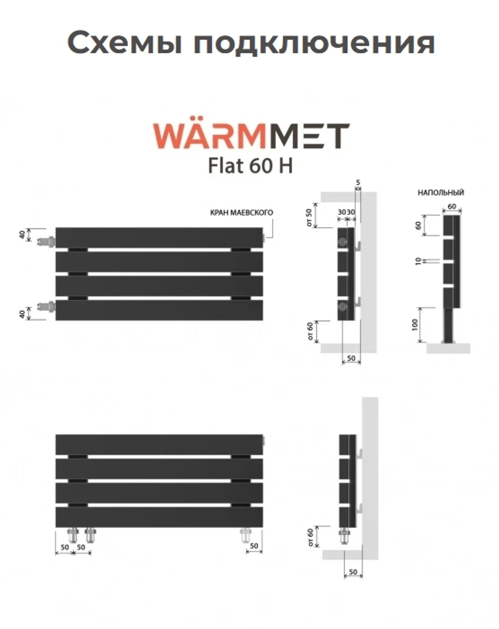 Радиатор WARMMET водяной настенный горизонтальный Flat 60 Н (W) ЧЕРНЫЙ RAL9005