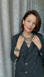 Колье каскад "Венеция, оттенок марказит, венец.стекло, натур.кожа