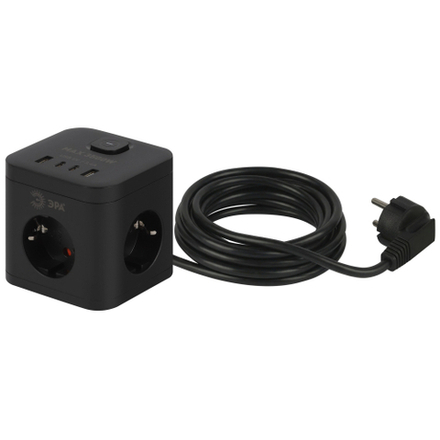 Удлинитель электрический ЭРА CUBE-3es-1,5m-4USB-B куб с заземлением с выключателем 3 розетки+4xUSBA+C 1,5м 16А черный