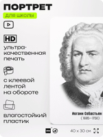Портрет для школы в кабинет музыки "Иоганн Себастьян Бах", стенд школьный для класса, деятели науки для оформления классного уголка, 40х30 см, Silver Plane x Айдентика Технолоджи