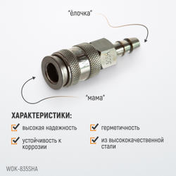 WDK-835SHA Пневматическое быстроразъемное соединение под елочку под шланг с внутренним сечением 11 мм