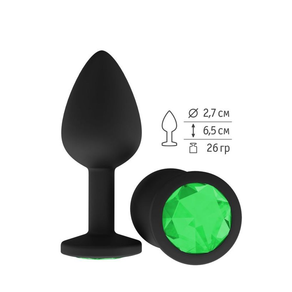 518-03 GREEN-DD / Анальная втулка силиконовая черная с зеленым кристаллом маленькая