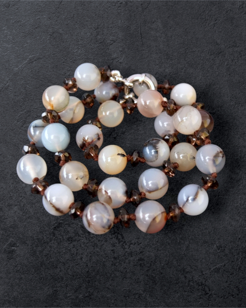 Бусы из натурального серого агата и раухтопаза