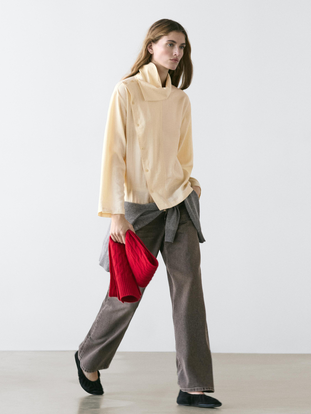 Massimo Dutti Рубашка с диагональной планкой на пуговицах, натуральный/кремовый