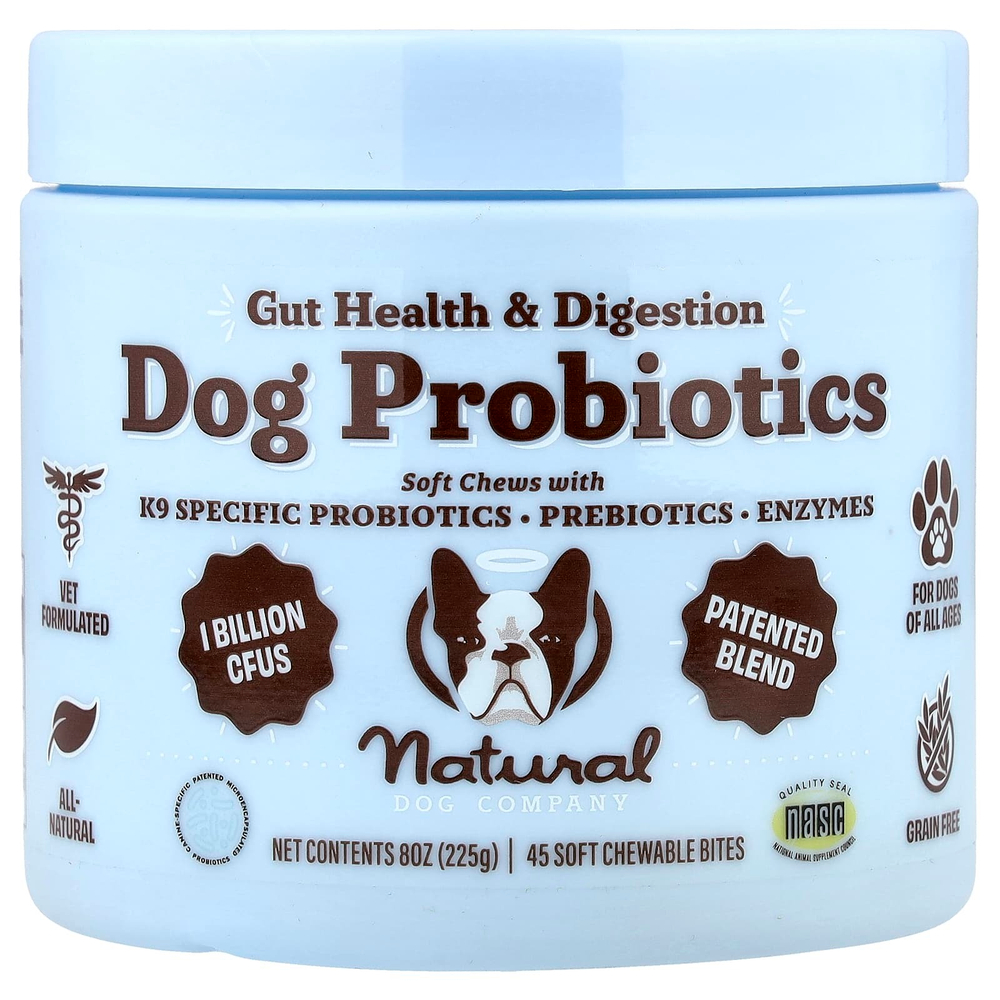 Natural Dog Company, пробиотики для собак, для здоровья кишечника и пищеварения, для собак всех возрастов, 45 жевательных таблеток, 225 г (8 унций)