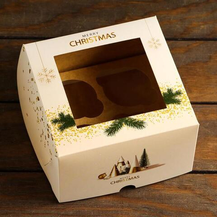 Упаковка на 4 капкейков с окном "Рождественское искусство", 16*16*10 см