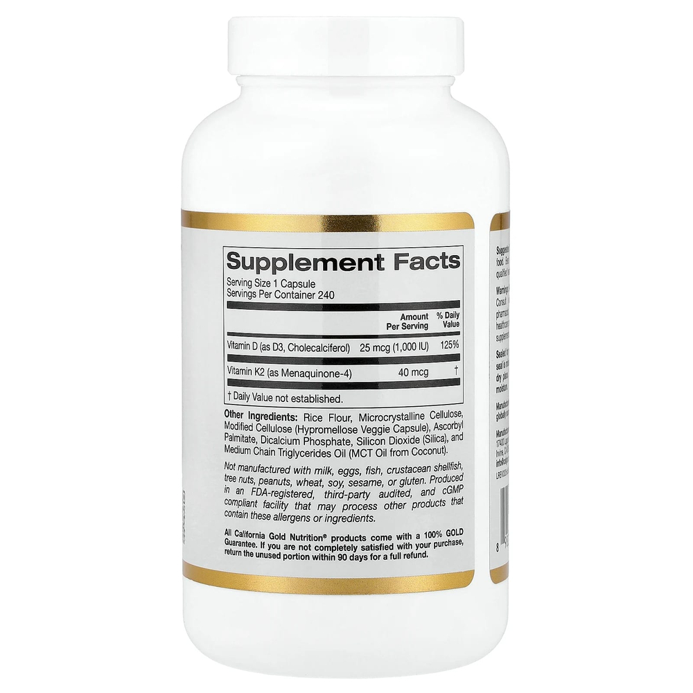 California Gold Nutrition, витамины D3 и К2, 240 растительных капсул