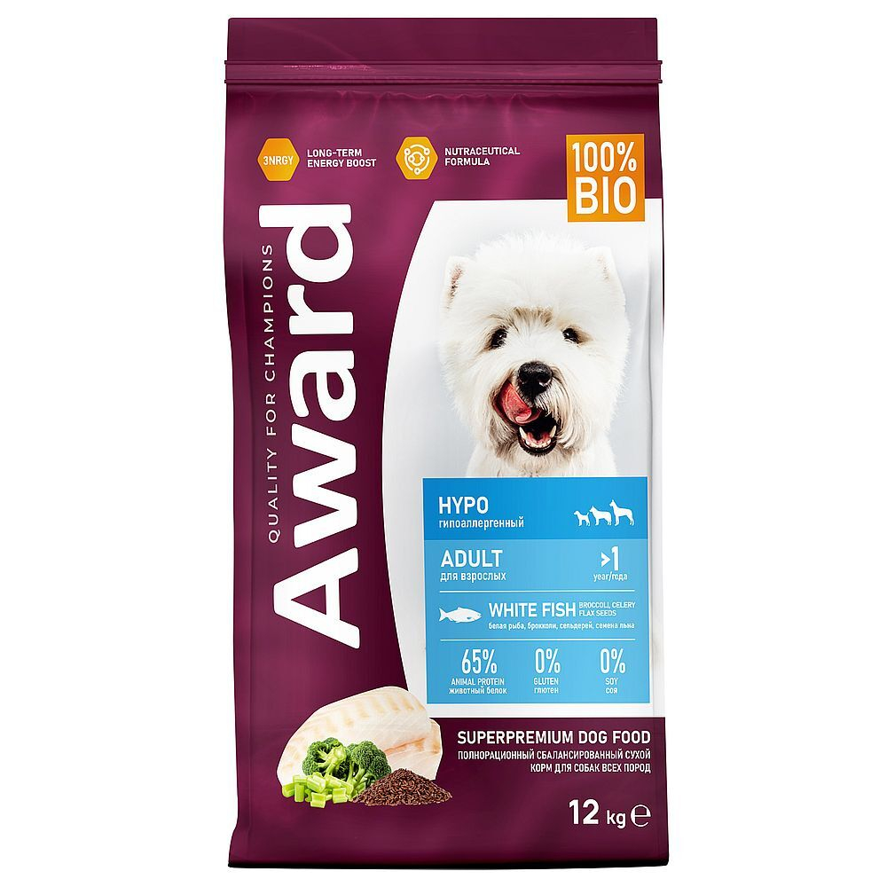 AWARD HYPO для собак всех пород с белой рыбой с добавлением брокколи, сельдерея и семян льна 12кг