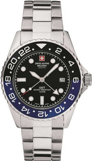 С браслетом Мужские наручные часы с серебряным браслетом Swiss Alpine Military 7052.1132 GMT diver 42mm 10ATM
