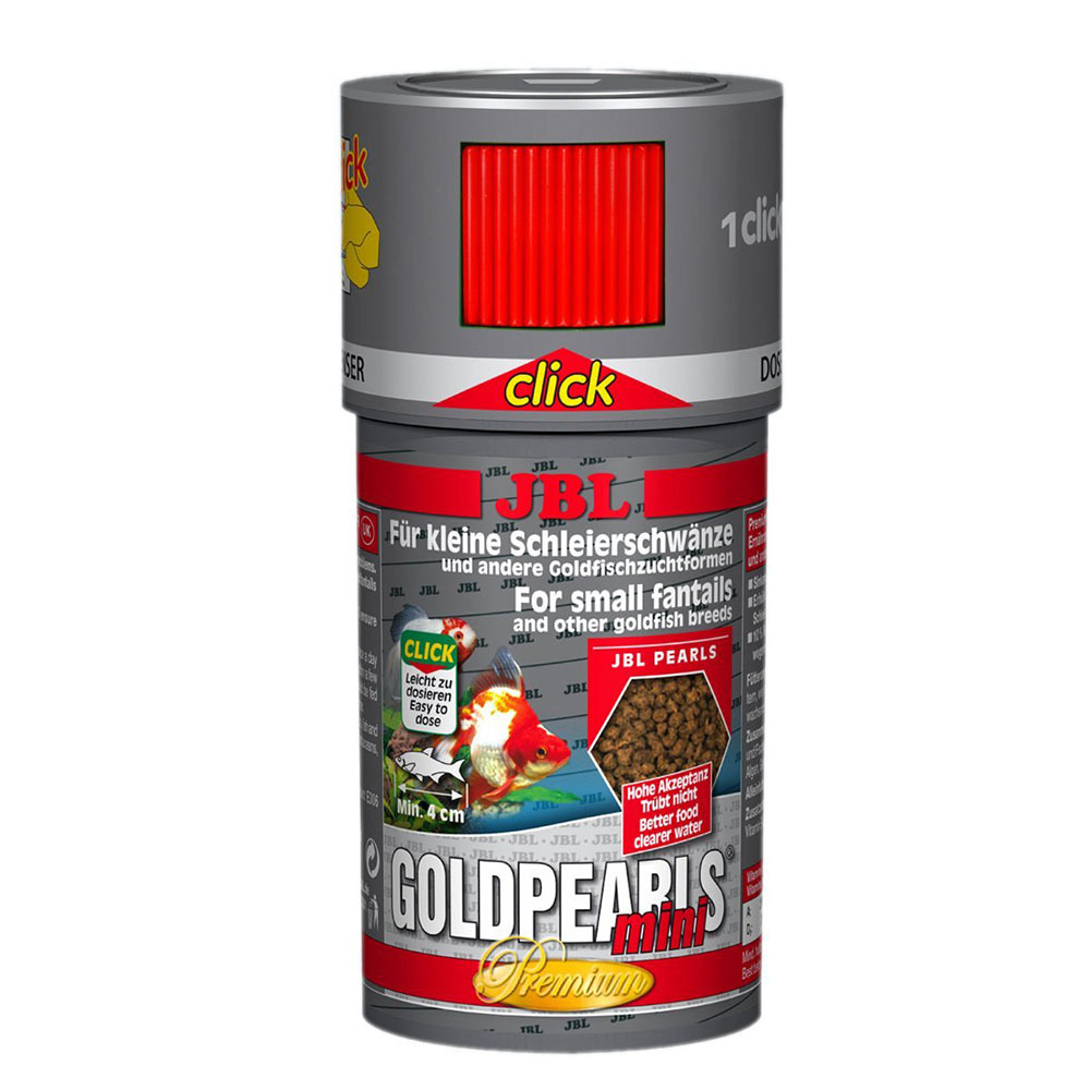 JBL GoldPearls mini Click 100 мл - основной премиум корм для маленьких золотых рыб (мелкие гранулы), банка с дозатором