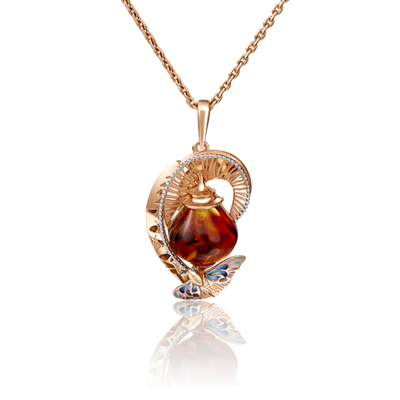 Подвеска «Фонарик» из красного золота с янтарём и эмалью