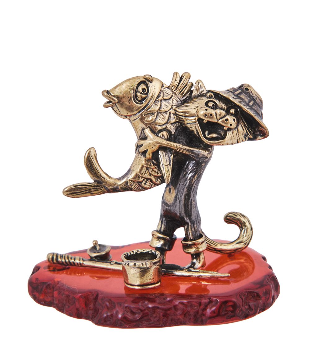 Народные промыслы AM-4215 Фигурка «Кот Рыбак Счастливчик» (латунь, янтарь)
