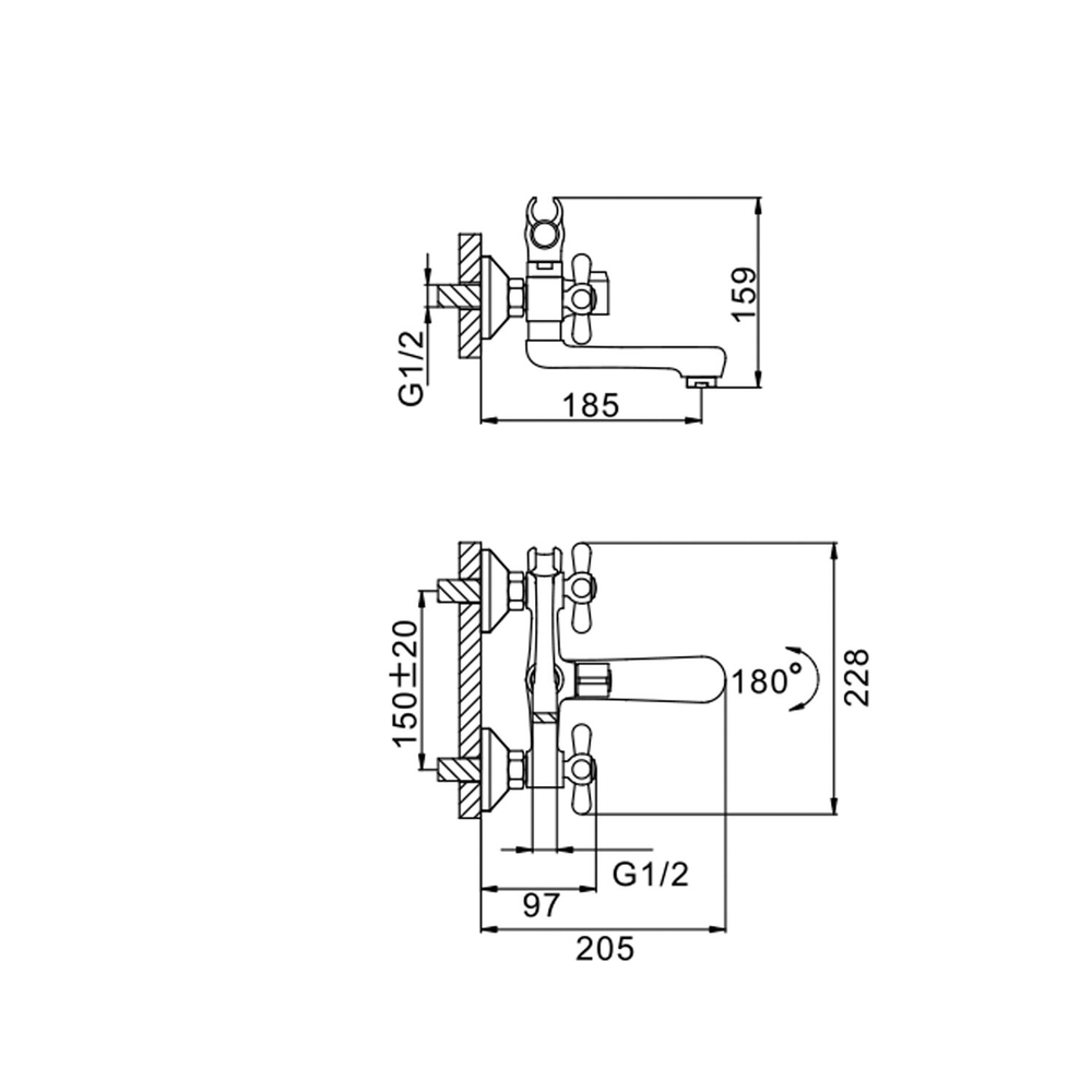 Смеситель для ванны 1/2 кер F3025 FRAP КРЕСТ (кор.пов. излив, хром, латунь)