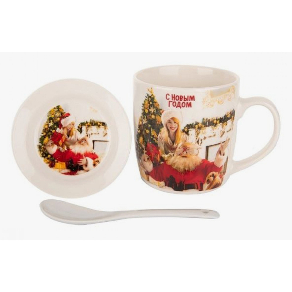 кружка + блюдце + ложка новогодняя набор (белый)