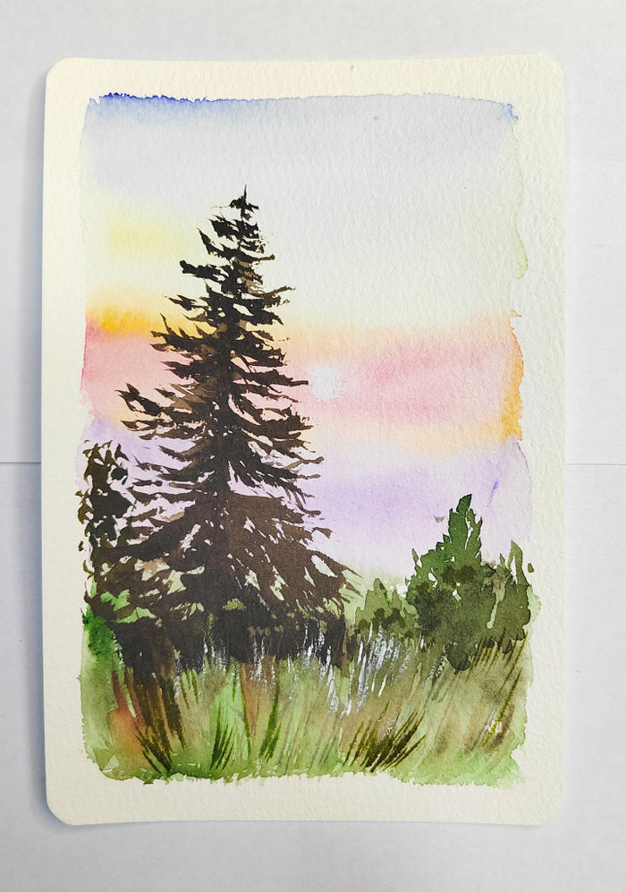 Авторская открытка от Стрелки Натали. Акварель. Ёлка в поле