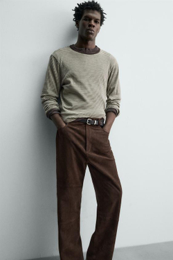 ZARA ПРЯМЫЕ БРЮКИ ИЗ ЗАМШИ, ТЕМНО-КОРИЧНЕВЫЙ