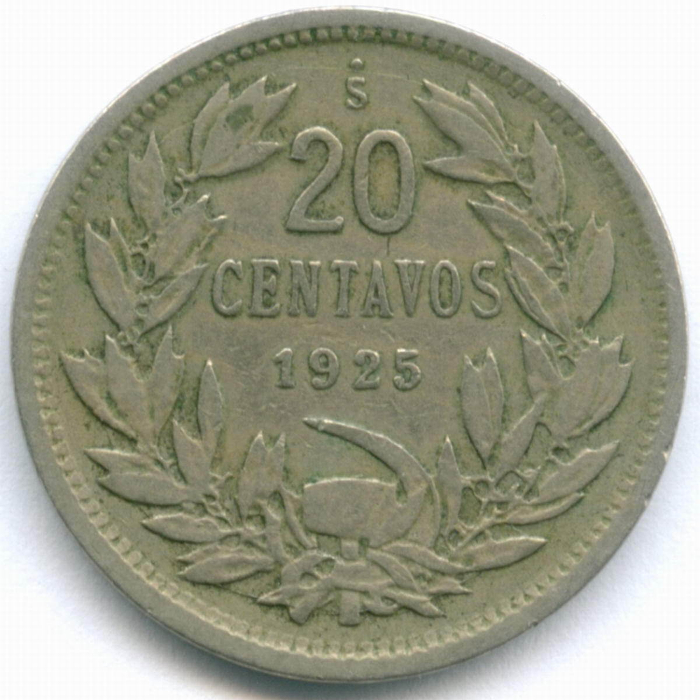 20 сентаво 1925 год. Чили. Медно-никель, диаметр 22.5 мм. VF