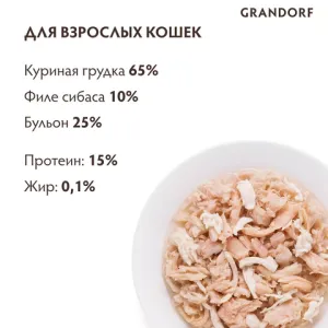 Консервы Grandorf для кошек, куриная грудка с сибасом