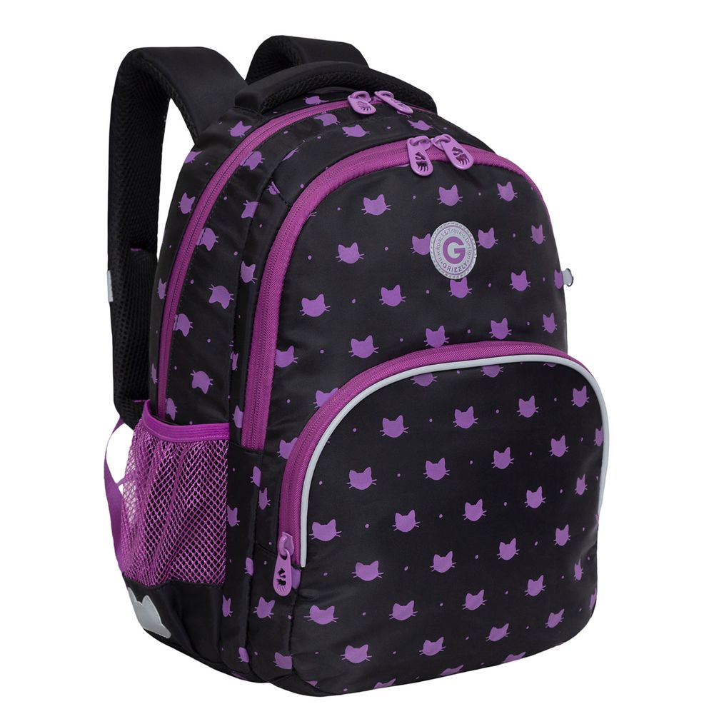 Рюкзак Grizzly, 27*40*20см, 2 отделения, 4 кармана, анатомическая спинка, черный-лавандовый
