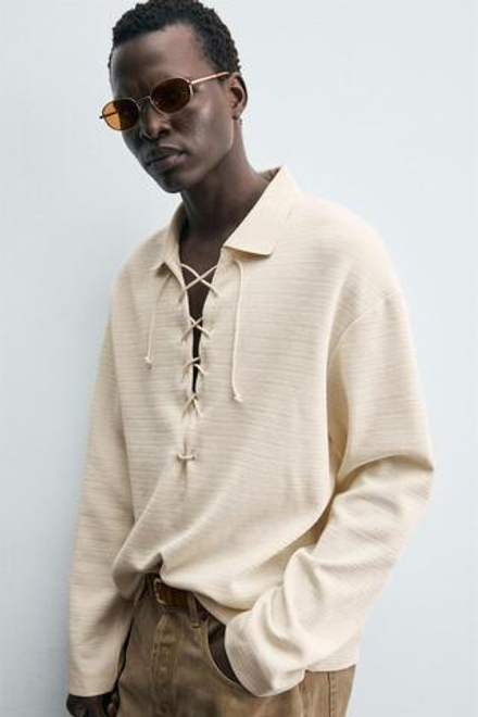 ZARA ПОЛО С ТЕКСТУРОЙ И ШНУРКОМ, ЖЕЛТОВАТО-БЕЛЫЙ