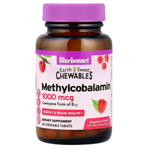Bluebonnet Nutrition, EarthSweet, жевательные таблетки, метилкобаламин, натуральный малиновый вкус, 1000 мкг, 60 жевательных таблеток