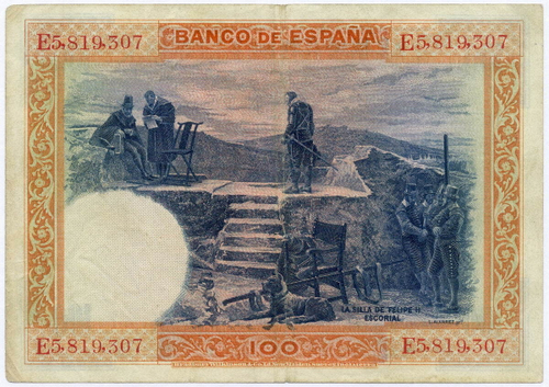 Банкнота Испания 100 песет 1925 год E5 819 307. F-VF