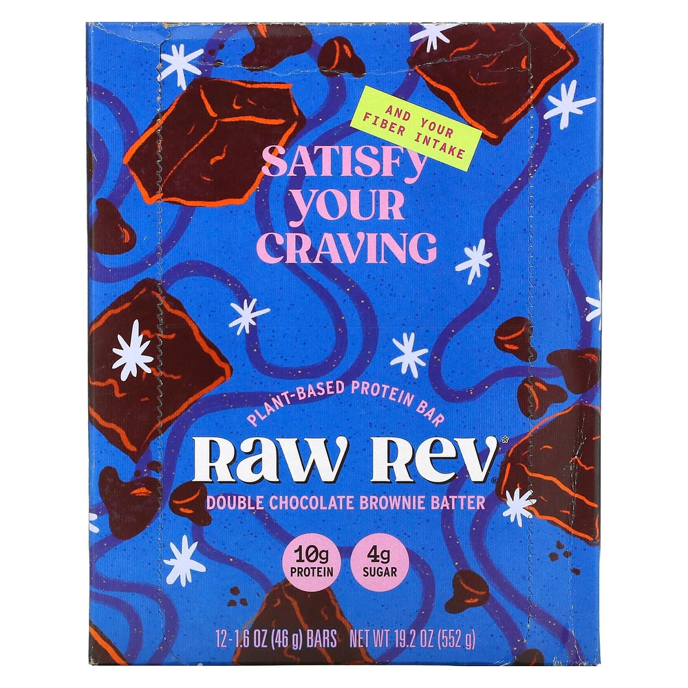 Raw Rev, Протеиновый батончик на растительной основе, двойное шоколадное тесто для брауни, 12 батончиков, 46 г (1,6 унции)