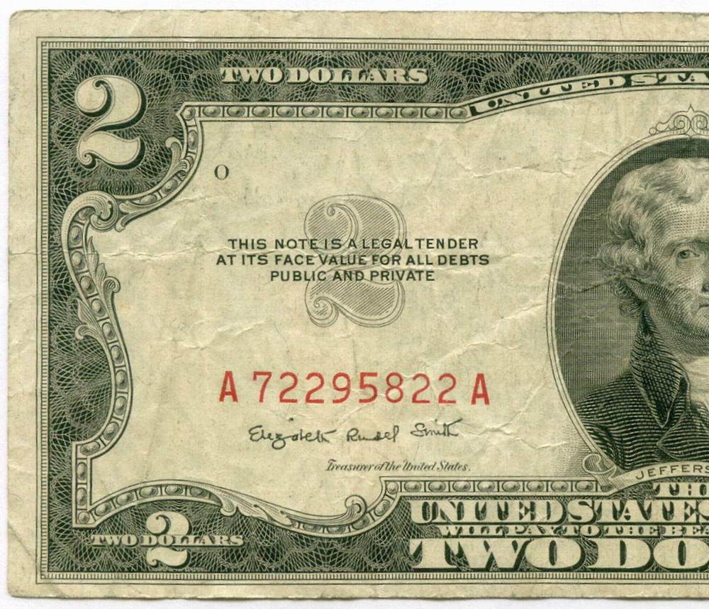 Банкнота США 2 доллара 1953B A 72295822 A. VG (надпись)