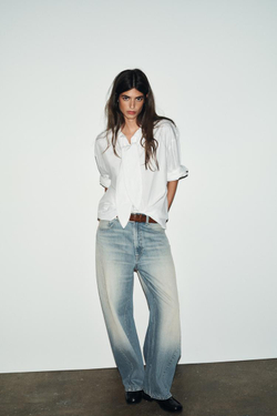 ZARA РУБАШКА ОВЕРСАЙЗ ИЗ ПОПЛИНА С КРУЖЕВНЫМ БАНТОМ, БЕЛЫЙ