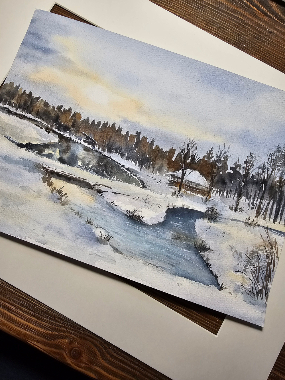 Картина авторская акварельная в паспарту 30х40 см на стену для интерьера "Зимний рассвет в Веребково"