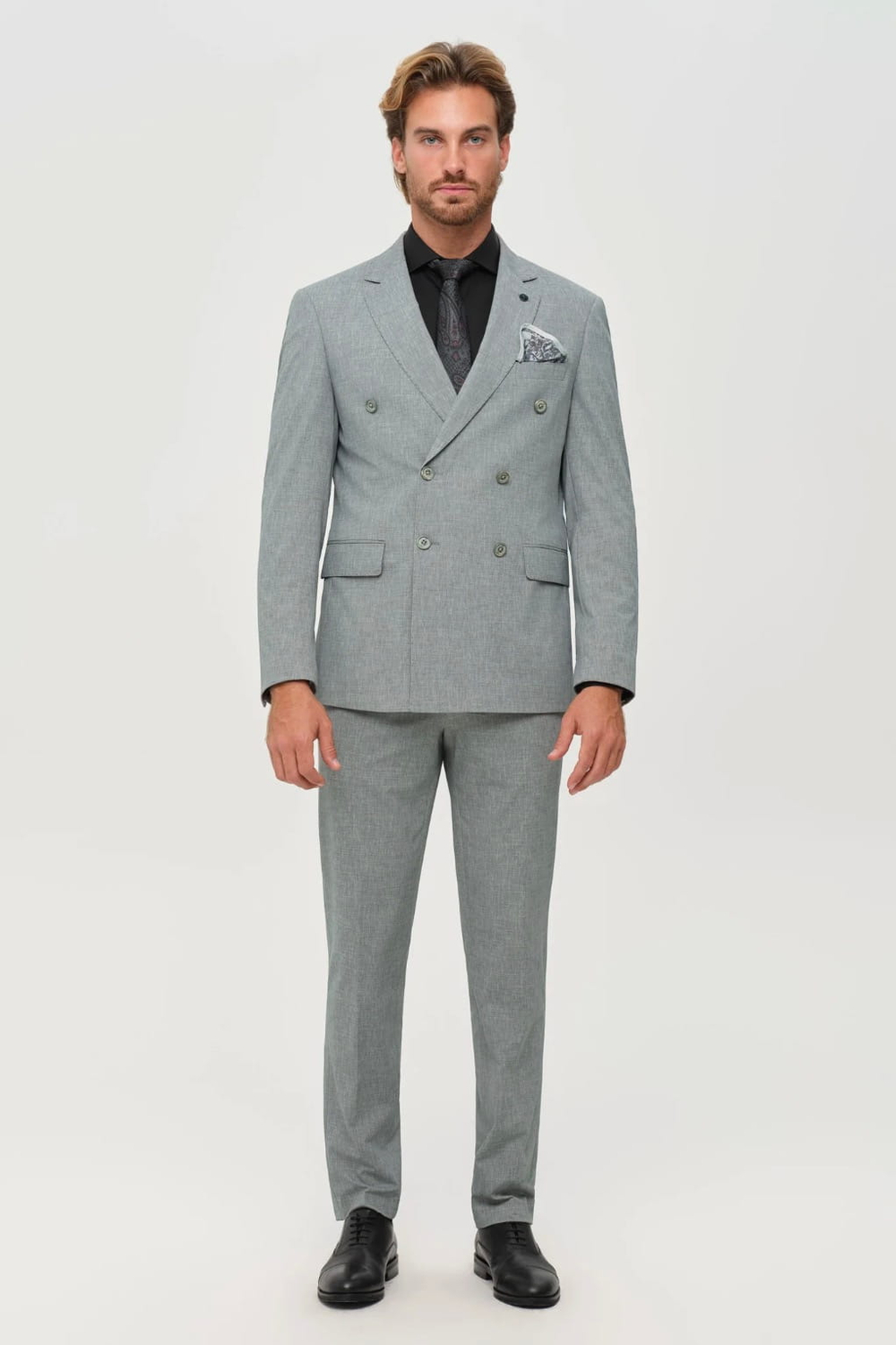 Мужской двубортный костюм (серый) Б70