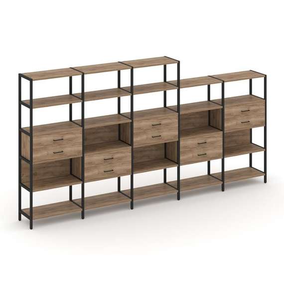 Shelf System Пятисекционный стеллаж пятиярусный с ящиками SN.STM-551 Дуб Табак/Металл Черный 3930*40