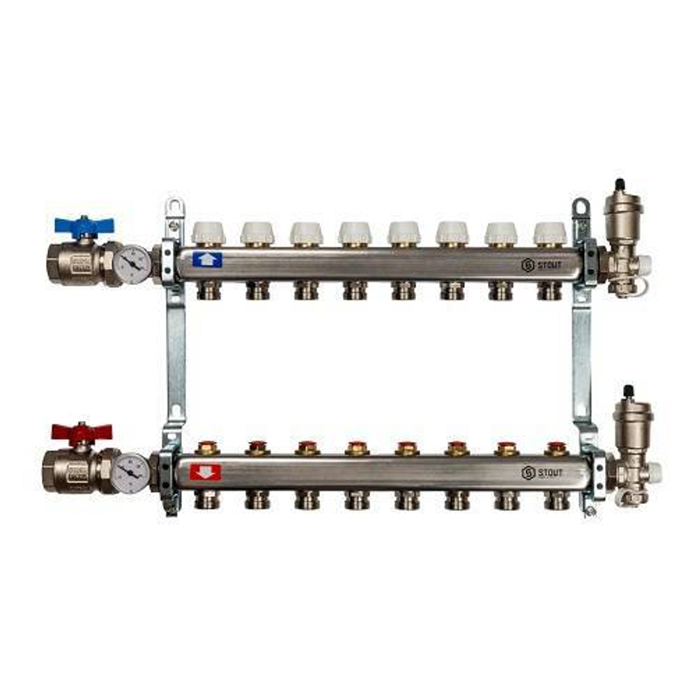 Коллекторная группа для радиаторного отопления STOUT SMS0912 - 1" на 8 контуров 3/4"EK (нерж.сталь)