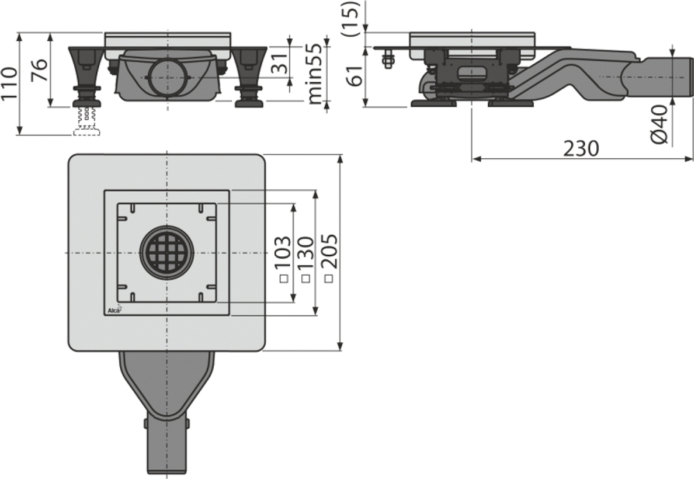 Сливной трап AlcaPlast APV110 из нержавеющей стали экстра низкий 130x130