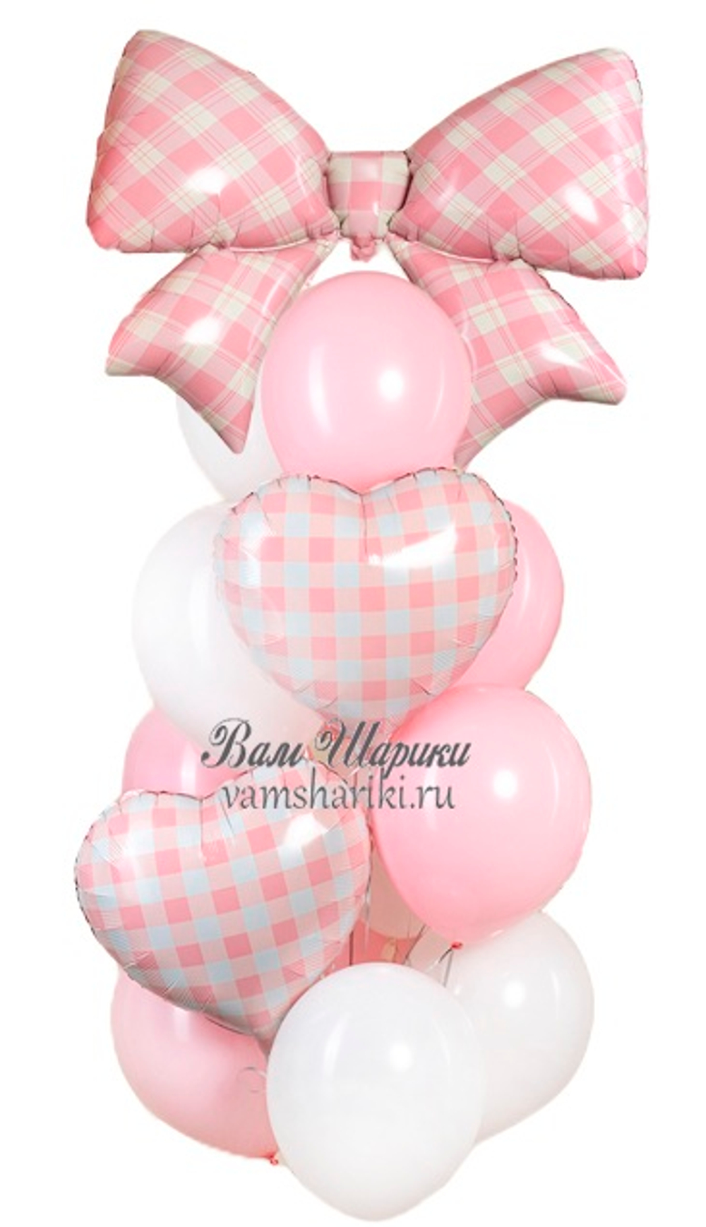 Купить набор шаров с гелием с бантиком и сердечками розового цвета