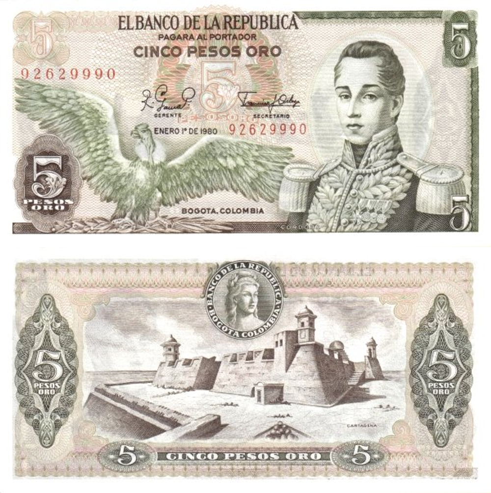 Колумбия 5 песо 1961-1981 Хосе Мария Кордова UNC