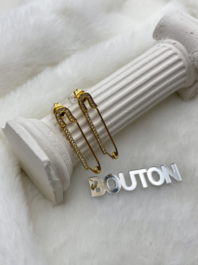 Серьги золотистые Гвоздики/Пусеты в форме "Булавки" со стразами