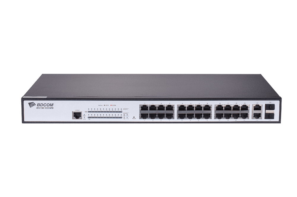 Управляемый коммутатор BDCOM S2226-P, 24 RJ45 100Мбит/с, 2 комбо SFP TX 1Гбит/с, L2, PoE