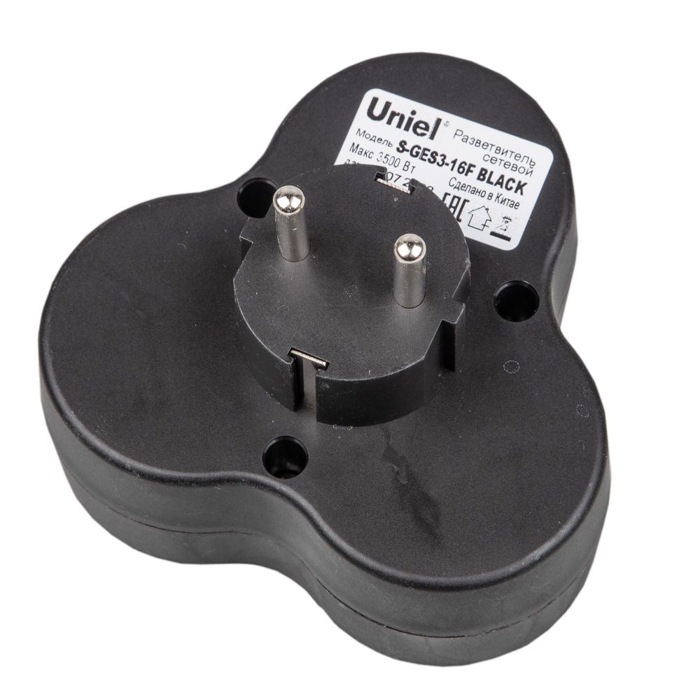 S-GES3-16F BLACK Разветвитель сетевой. с-з. 3 гнезда. 16А. 3500Вт. Черный. ТМ Uniel