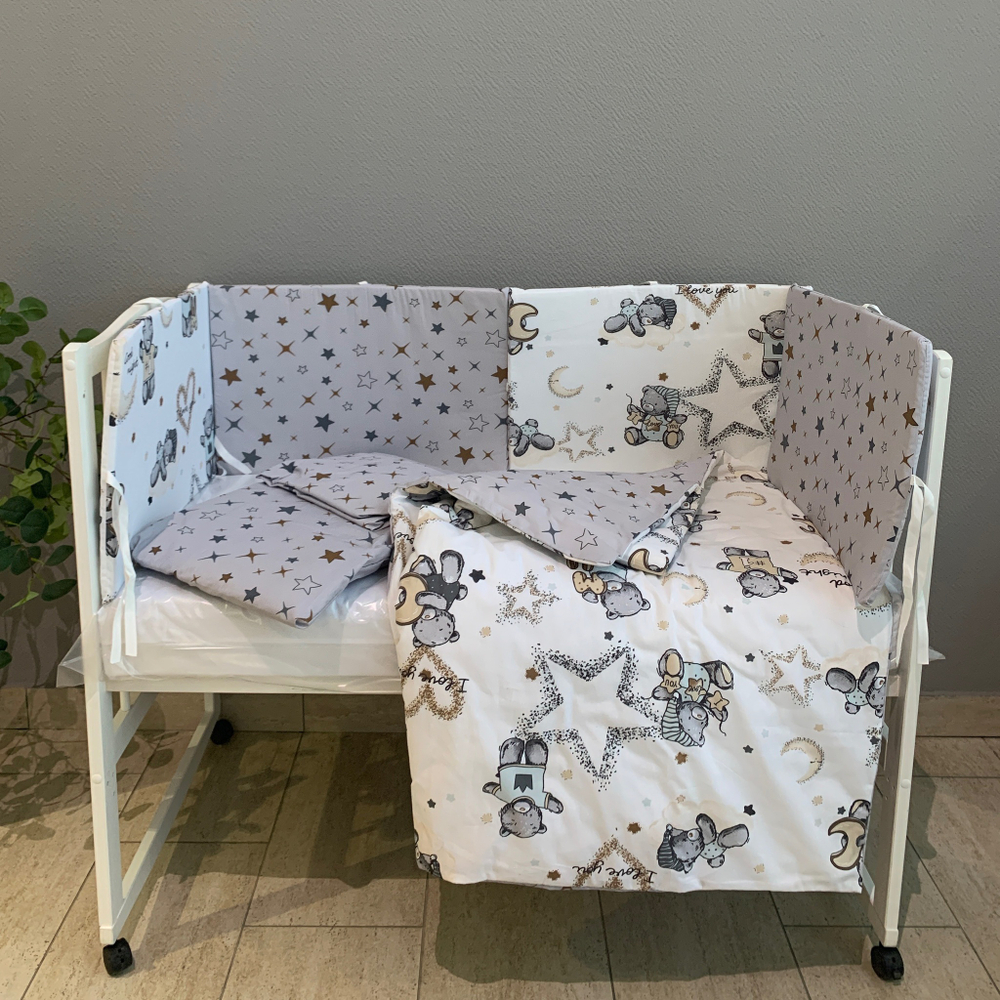 Комплект в кроватку 6 предметов "Мишка с буквами серый", поплин