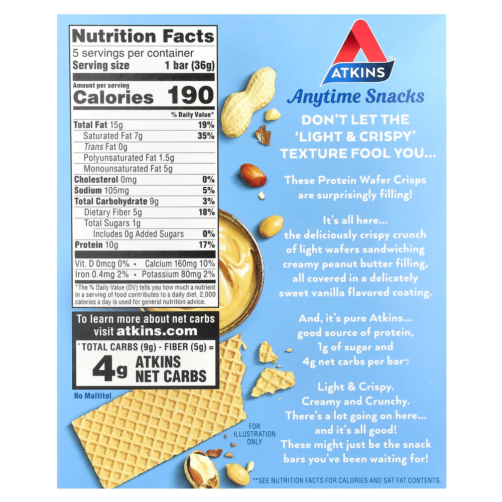 Atkins, Anytime Snacks, протеиновые вафли, с арахисовой пастой, 5 шт. по 36 г (1,27 унции)