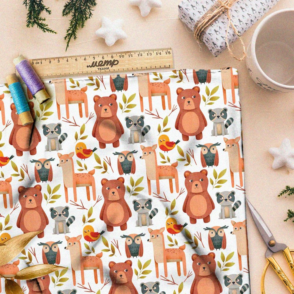 Ткань лён переглядывающиеся животные в лесу