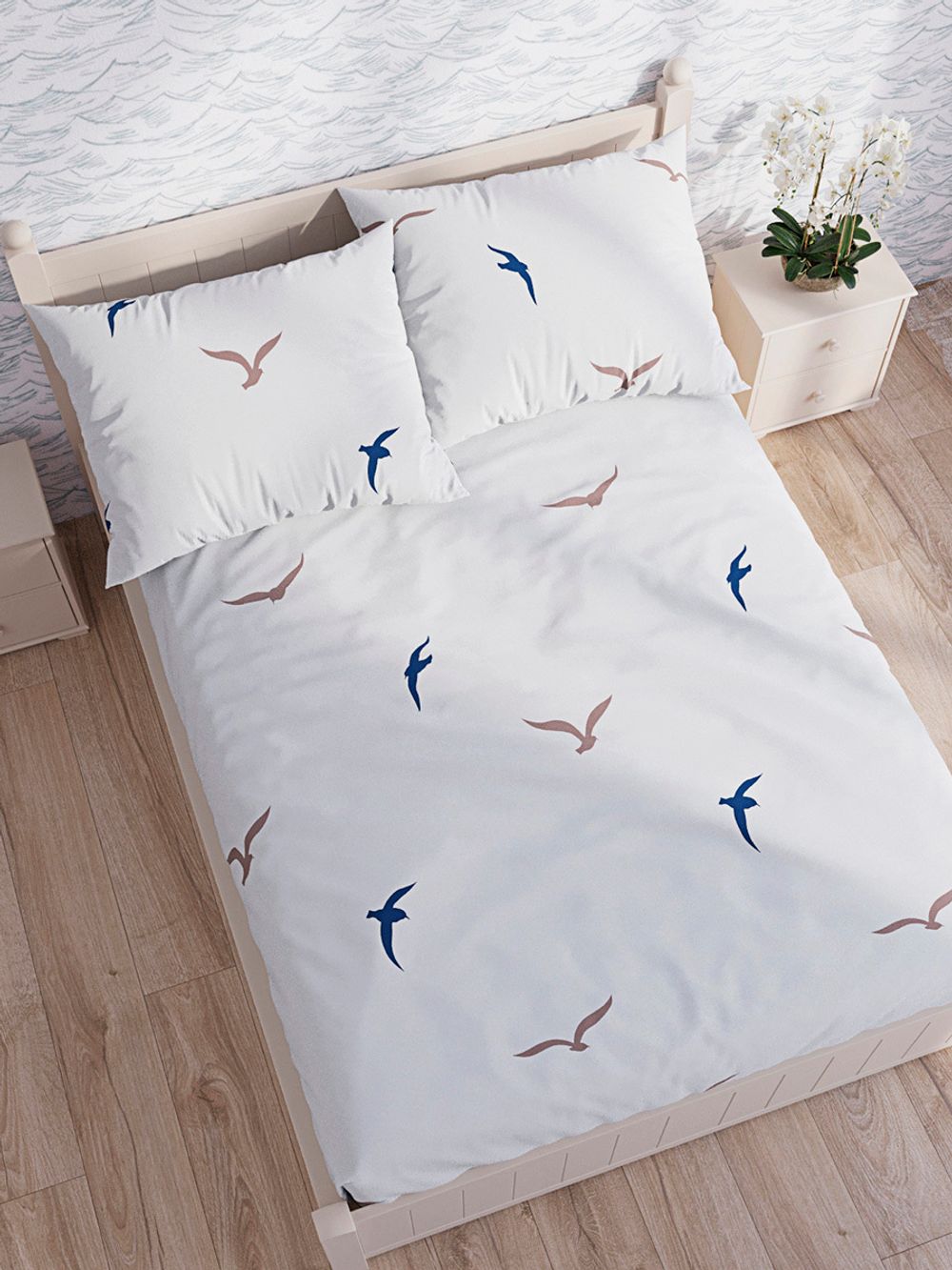 Простынь на резинке перкаль Сказка "Чайки (компаньон)" 90x200 см