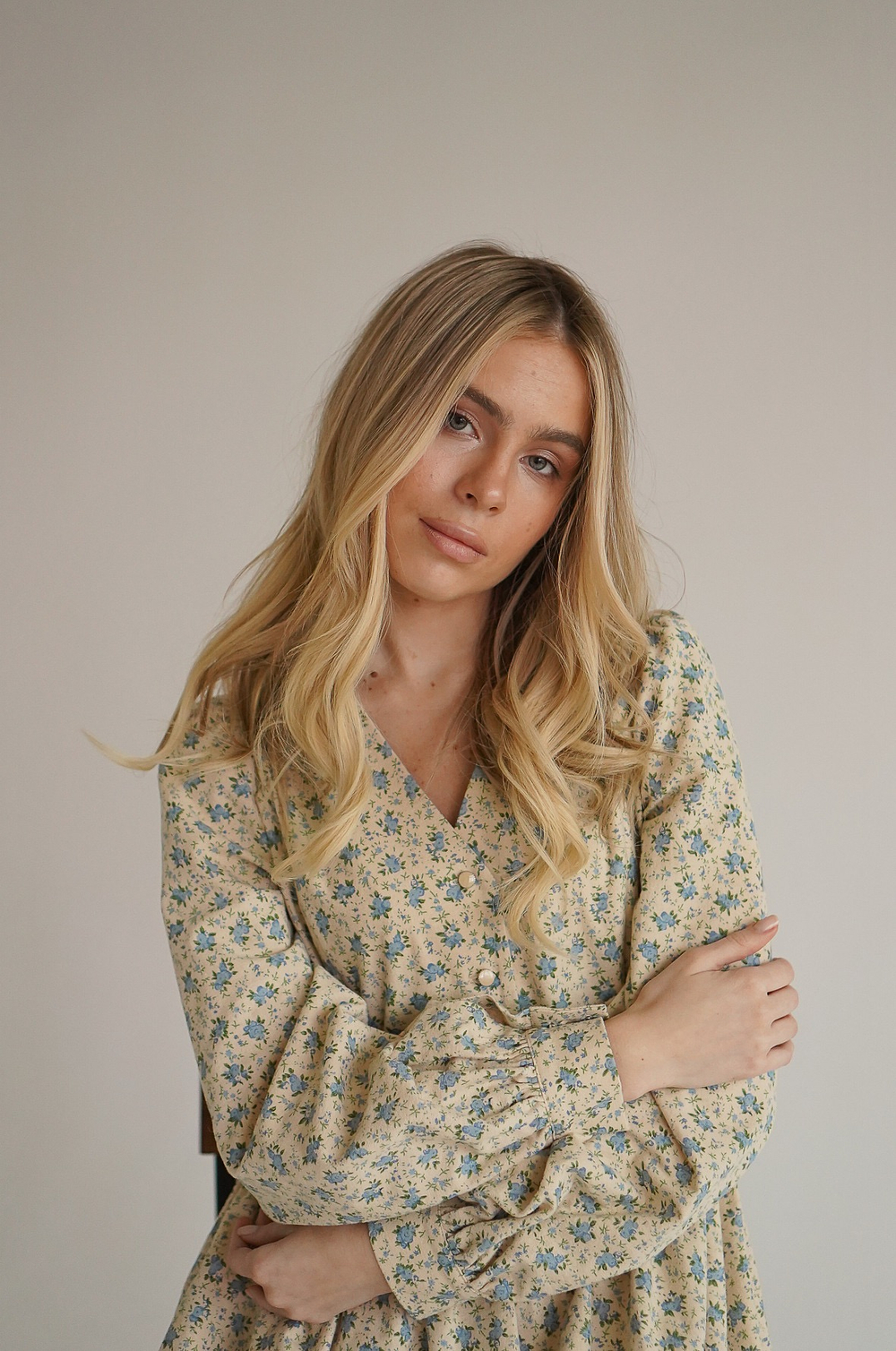 Платье Ева из фланели, Кремовый с голубыми цветами