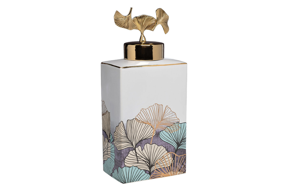 Ваза керамическая с крышкой 15х35 Garda Decor Гинкго белая 55RD4539L-WH