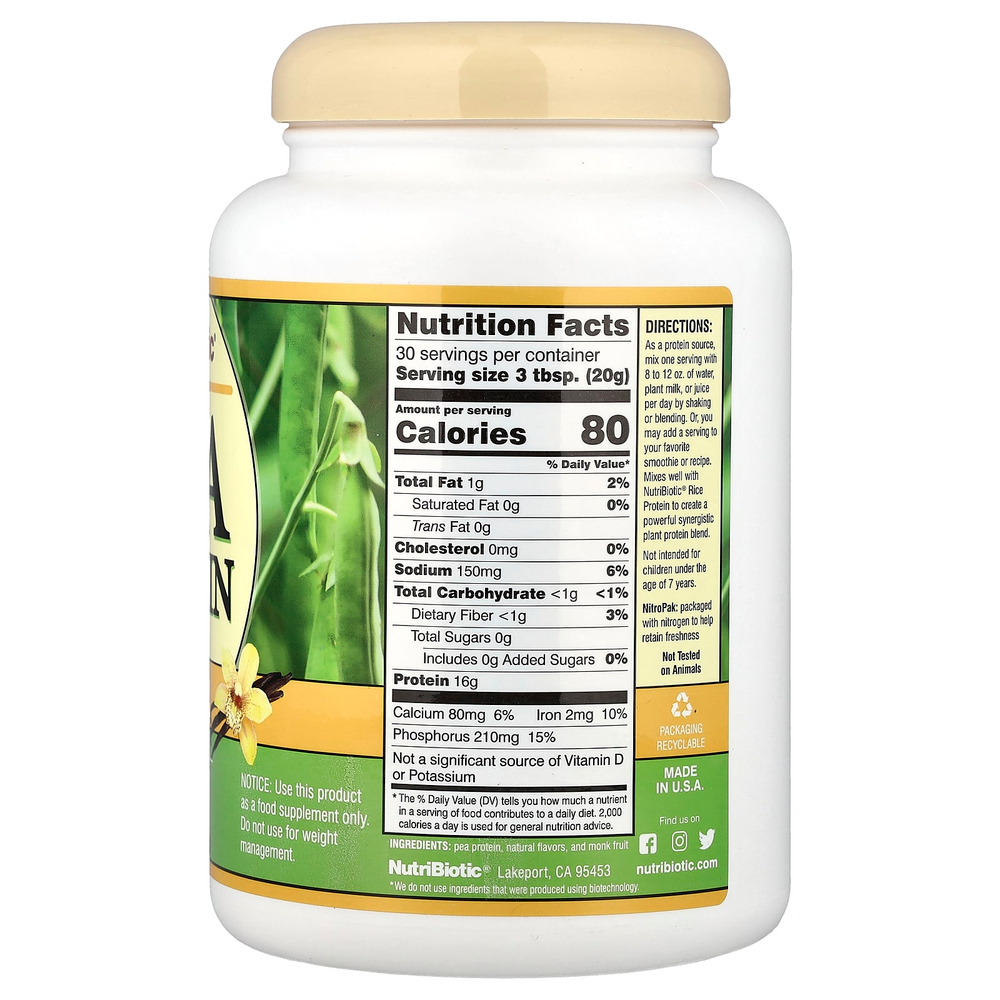 NutriBiotic, Порошок из горохового протеина, ваниль, 600 г (21,16 унции)
