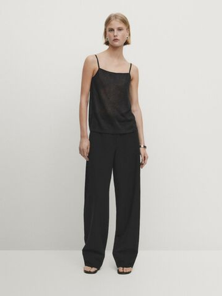 Massimo Dutti Топ из смесового льна на бретелях с вырезом, черный