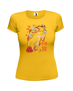 Футболка с волком и цветами в японском стиле женская приталенная желтая