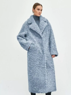 Шуба чебурашка длинная из овечьей шерсти, голубая, SilverFox